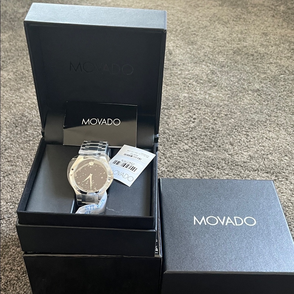 NWT- VIDEO- Movado Men's Elegant Silver and Black Watch